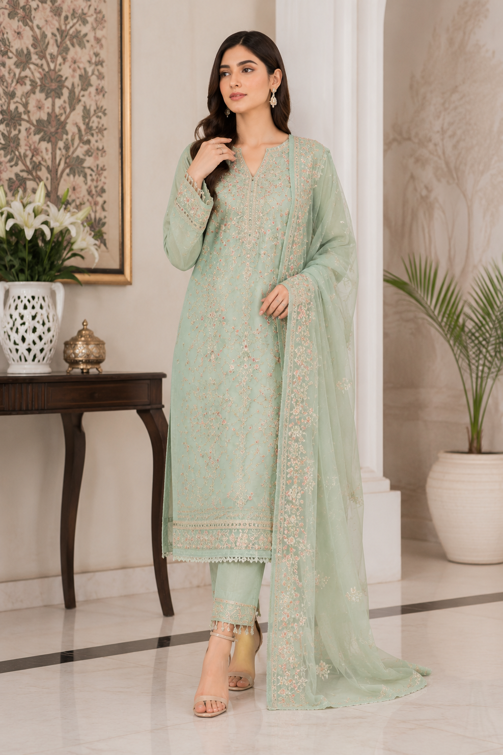 Mahwara Clothes model wearing an embroidered sage-green suit with dupatta