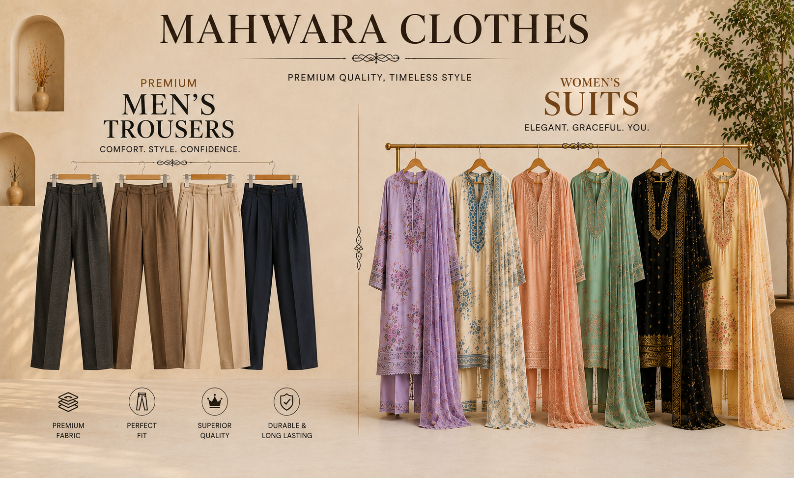 Mahwara Clothes — premium men's trousers and women's suits, 30% off limited time offer