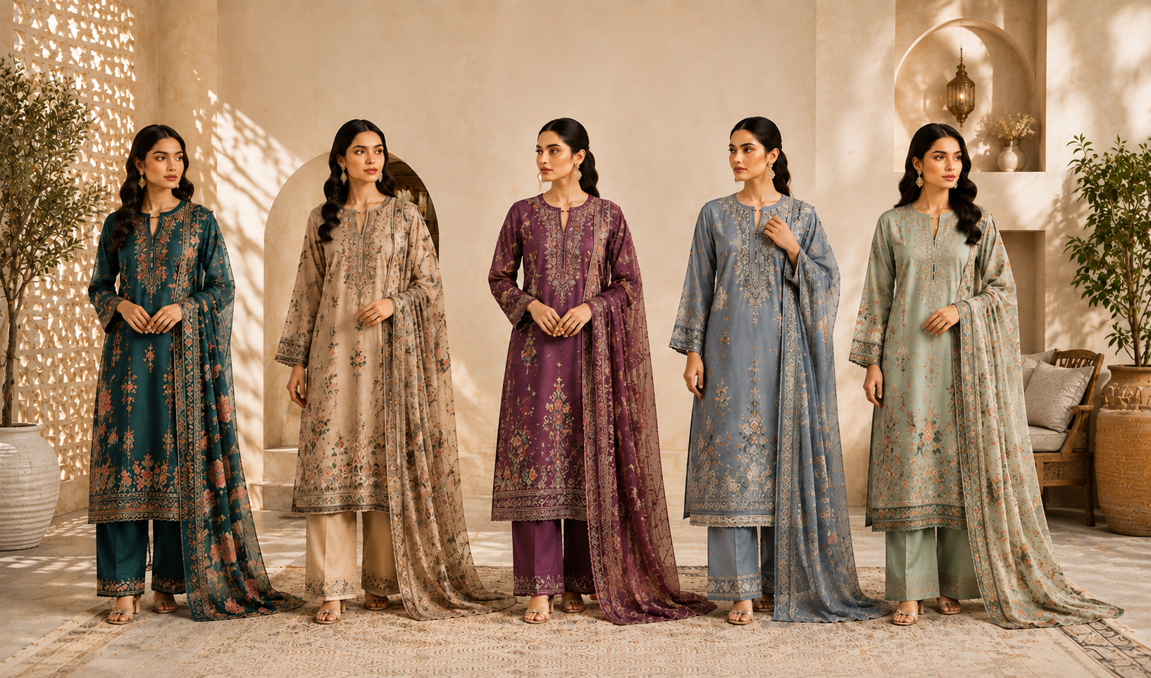 Mahwara Clothes women's collection — five embroidered suits with matching dupattas